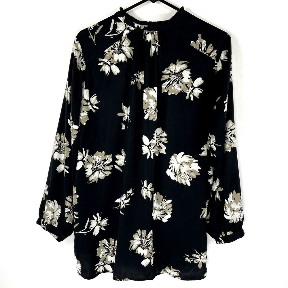 Lucky Brand Top Size 1X Boho Floral Tassel Tie Neck Long Sleeve Black White - Picture 2 of 4
